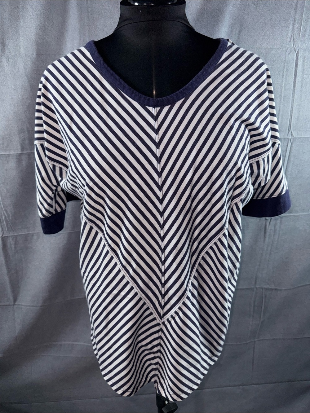 3070-Woman Within Navy & White Striped Short Sleeve Top